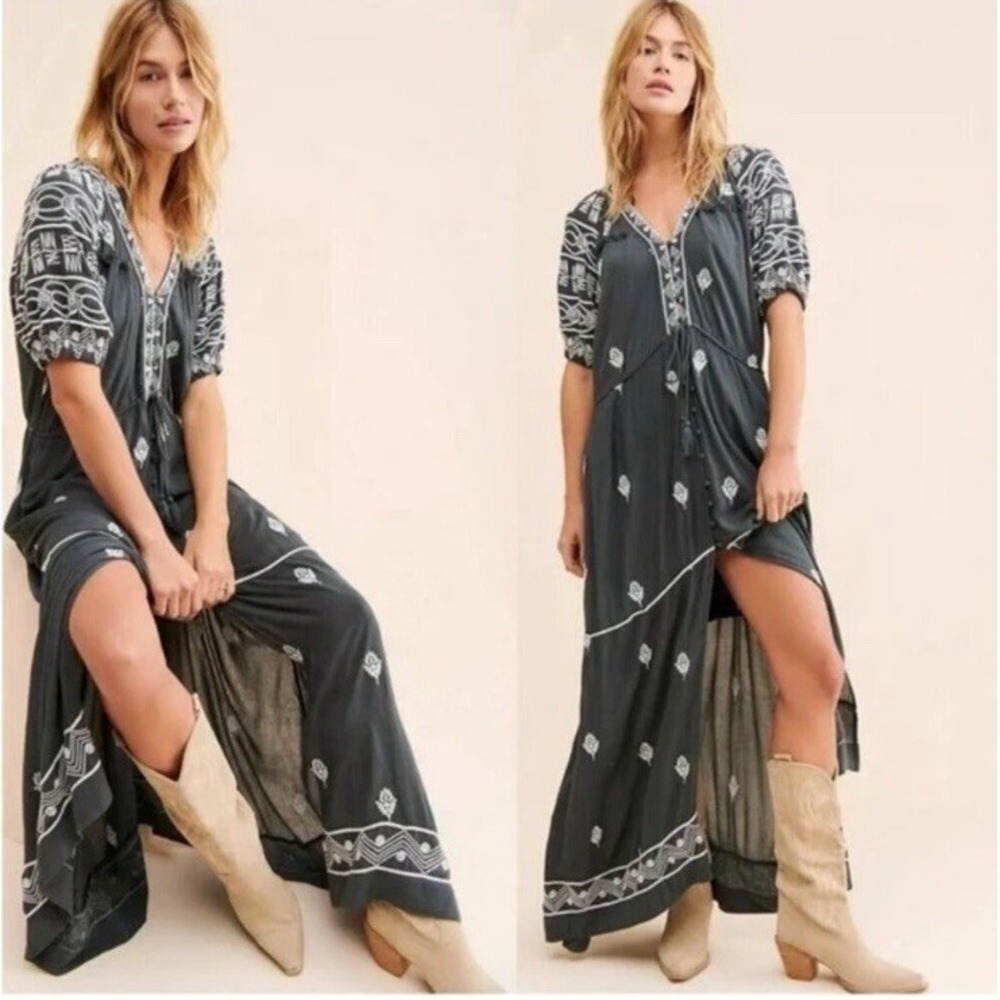 Free People Riley Embroidered Maxi Dress Dark Gray XS